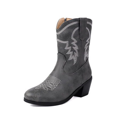 Women's Embroider Round Toe Block Heel Western Boots