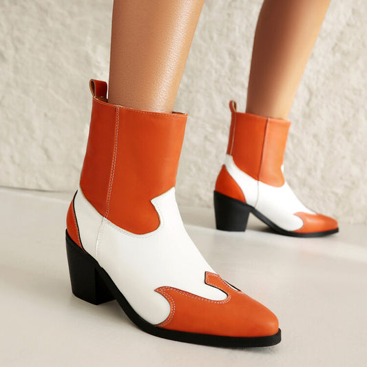 Women's Patchwork Pointed Toe Block Heel Western Boots