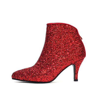 Women's Glossy Sequins Pointed Toe Spike Heel Ankle Boots