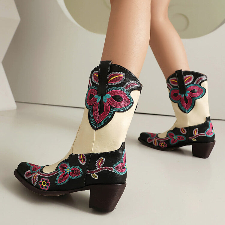 Women's Embroider Pointed Toe Block Heel Mid Calf Western Boots