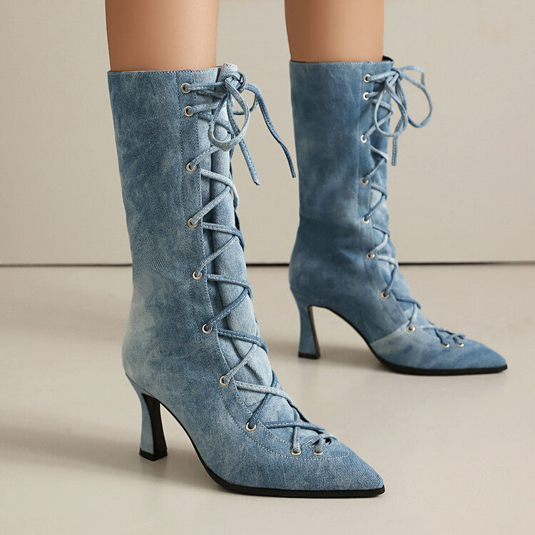 Women's Denim Cross Straps High Heel Mid Calf Boots