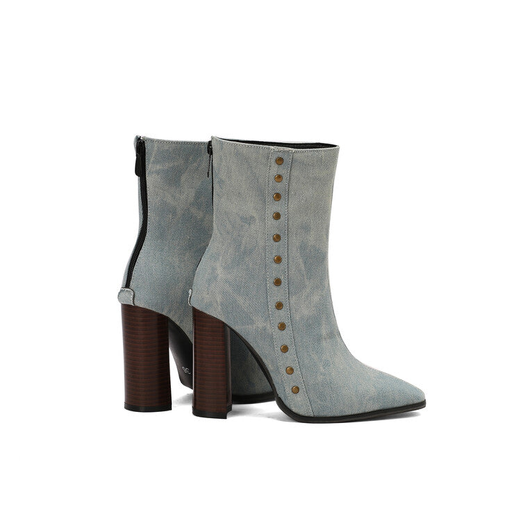Women's Rivets Pointed Toe Block Heel Short Boots