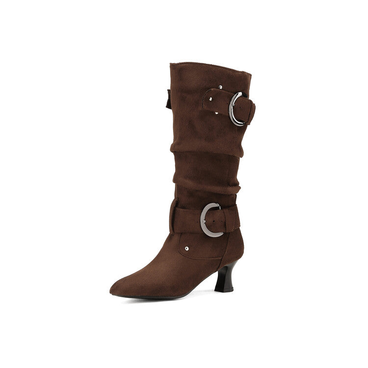 Women's Pleated Rivets High Heel Mid Calf Boots