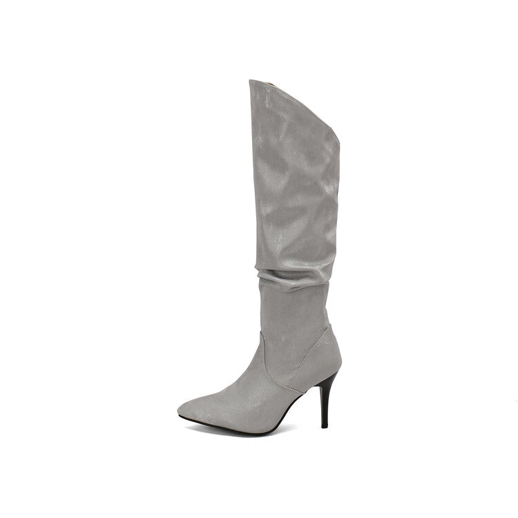 Women's Pleated Pointed Toe Thin Heel Knee High Boots
