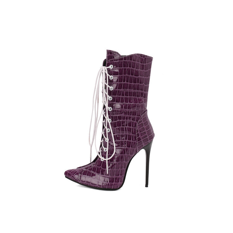 Women's Glossy Lace-Up Pointed Toe Thin Heel Short Boots