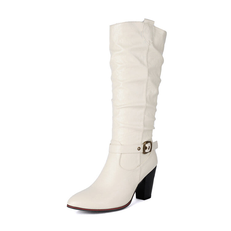 Women's Buckle Strap Pointed Toe Block Heel Knee High Western Boots