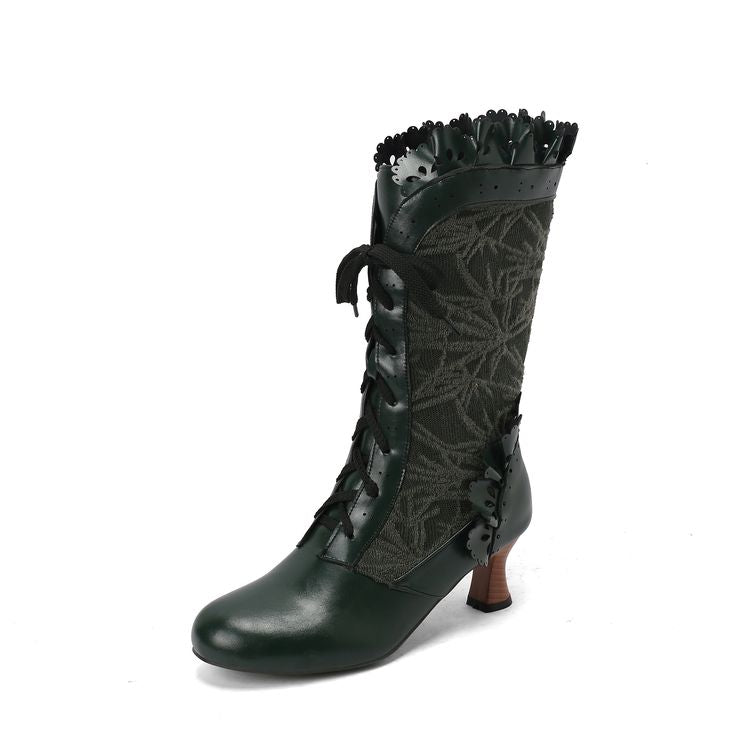 Women's Lace Lace-Up Round Toe Hoof Heel Mid Calf Boots