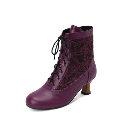 Women's Embroider Lace-Up Round Toe Hoof Heel Ankle Boots