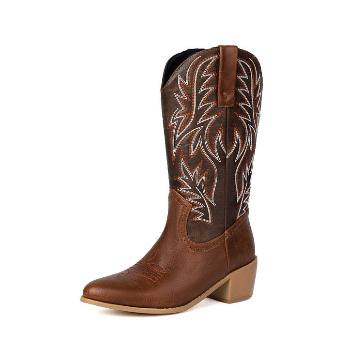 Women's Embroider Pointed Toe Low Heel Mid Calf Western Boots
