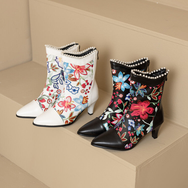 Women's Flowers Pearls Pointed Toe Spike Heel Short Boots