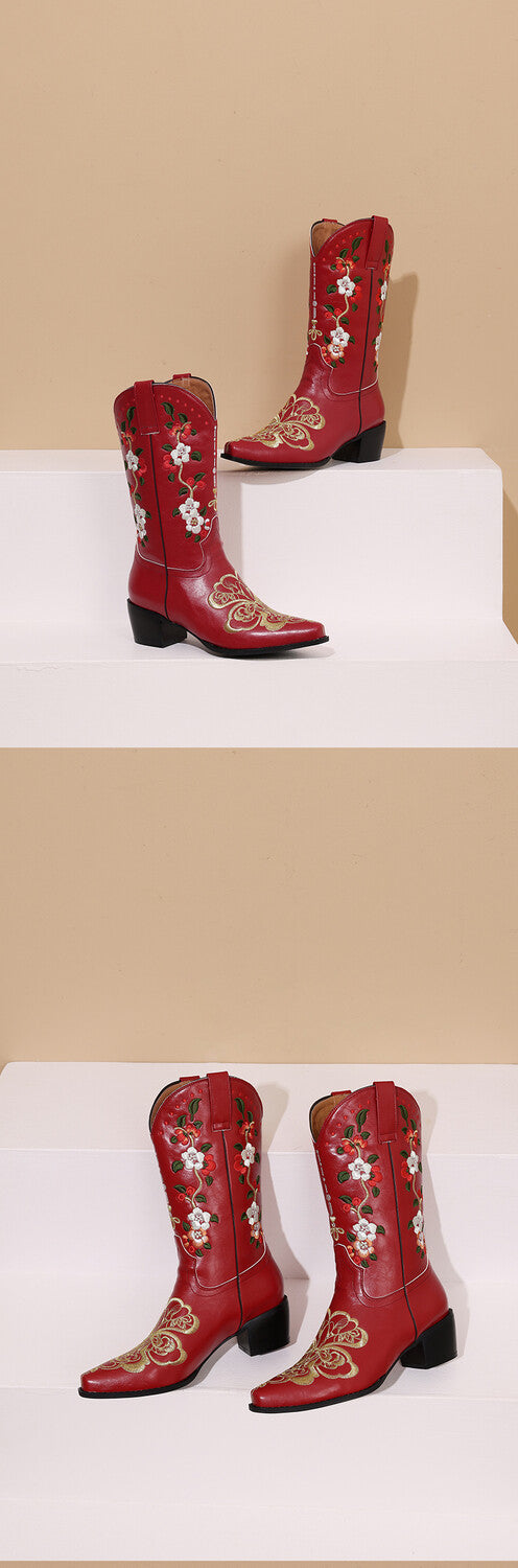 Women's Flowers Embroider Block Heel Western Boots