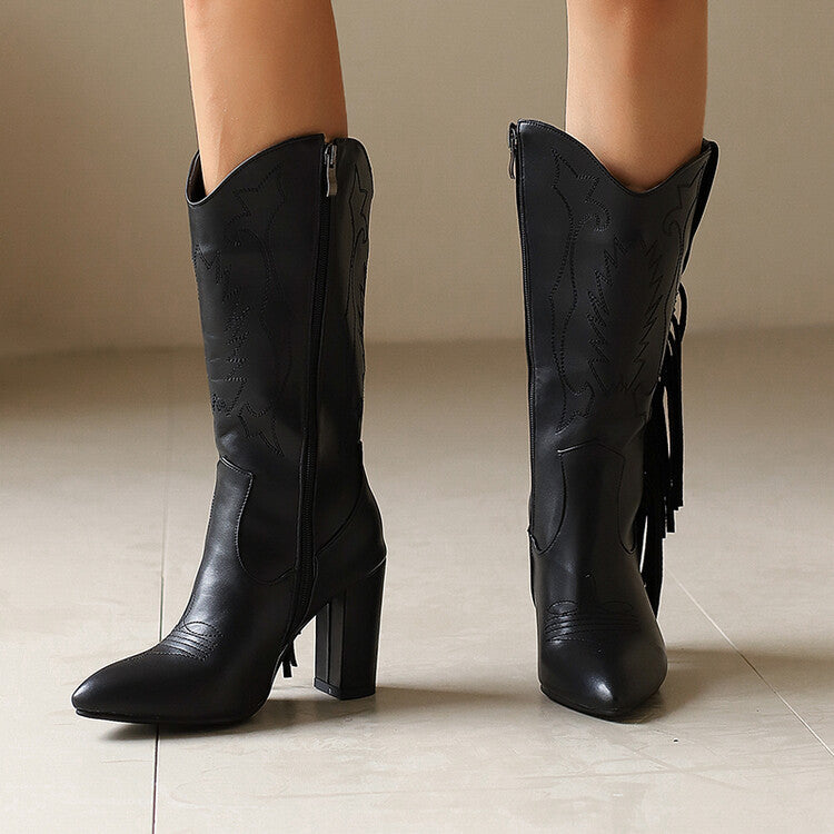 Women's Tassel Pointed Toe Block Heel Knee High Western Boots