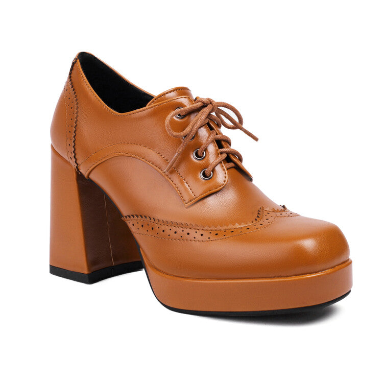 Women'S Square Toe Shoelace Platform Square Heel Brogue Shoes