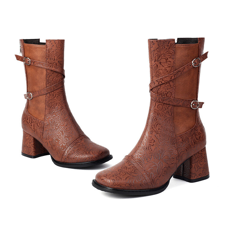 Women's Patchwork Buckle Strap Round Toe Block Heel Mid Calf Boots