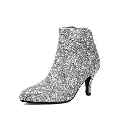 Women's Glossy Sequins Pointed Toe Spike Heel Ankle Boots