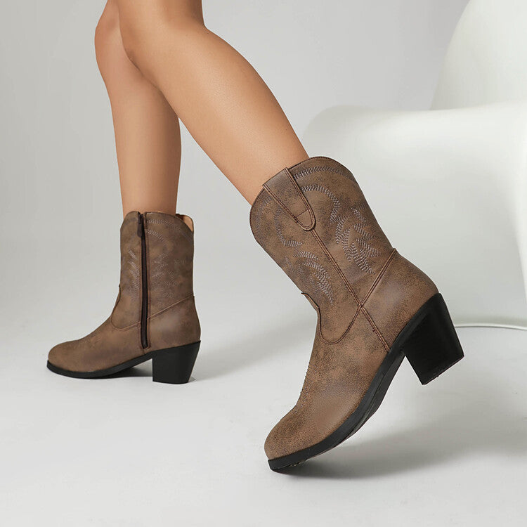 Women's Embroider Round Toe Block Heel Western Boots