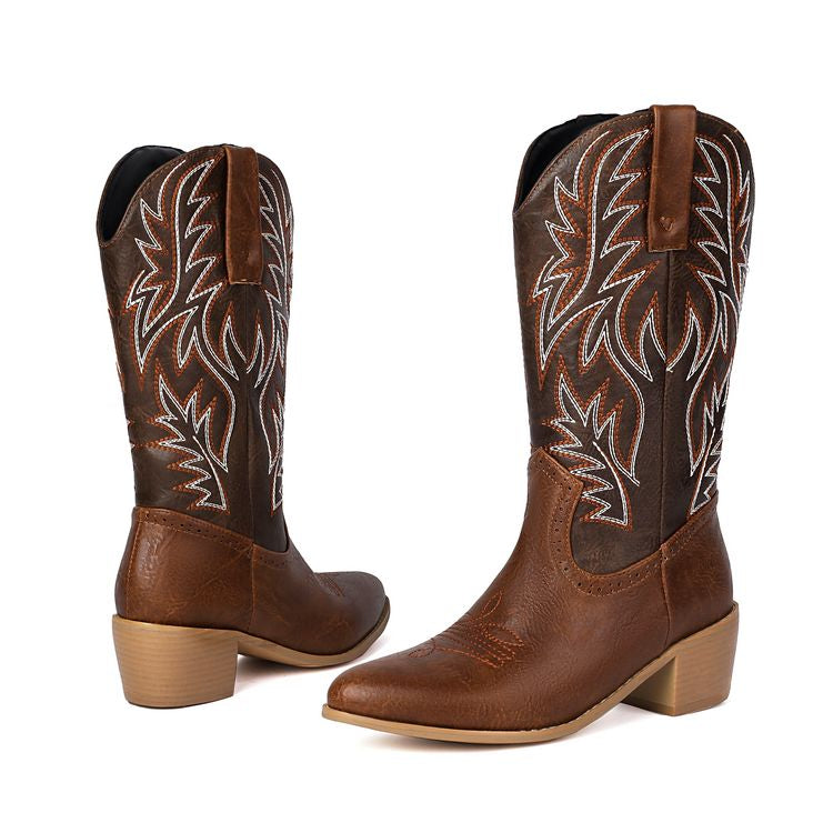 Women's Embroider Pointed Toe Low Heel Mid Calf Western Boots
