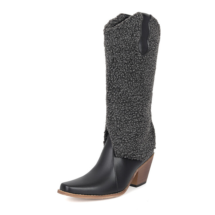 Women'S Fluff Square Toe Block Heel Knee High Western Boots