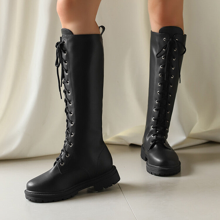 Women's Lace-Up Round Toe Flat Platform Knee High Boots