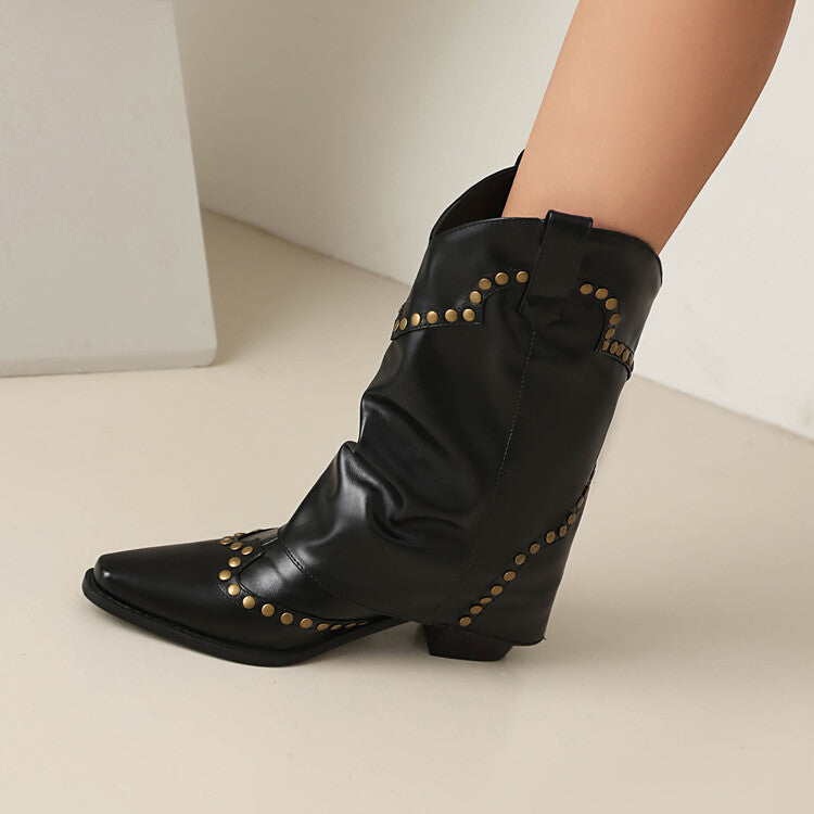 Women's Rivets Pointed Toe Block Heel Mid Calf Western Boots