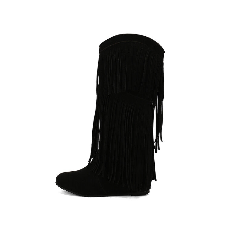 Women's Tassel Round Toe Wedge Heel Mid Calf Boots