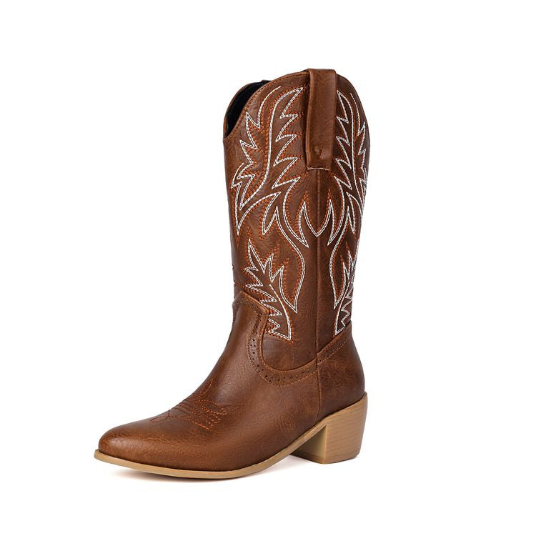 Women's Embroider Pointed Toe Low Heel Mid Calf Western Boots