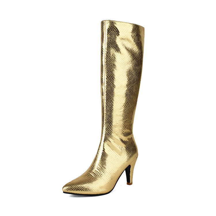 Women's Bling Pointed Toe Spike Heel Knee High Boots