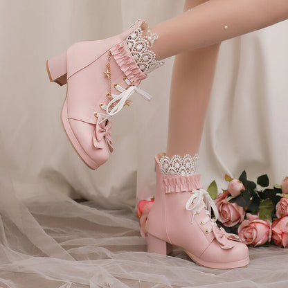 Women's Lace Bows Round Toe Square Heel Platform Ankle Boots