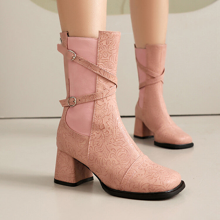 Women's Patchwork Buckle Strap Round Toe Block Heel Mid Calf Boots