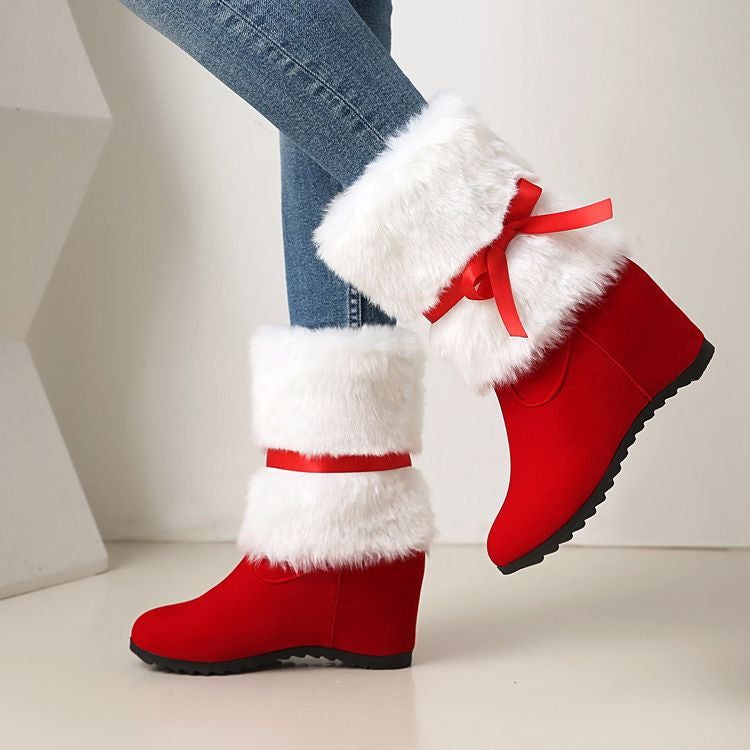 Women's Patchwork Bows Wedge Heel Short Boots