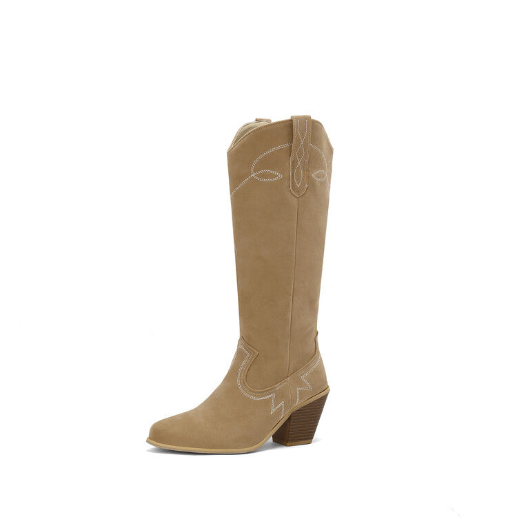 Women's Embroider Pointed Toe Block Heel Knee High Western Boots