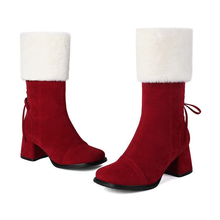 Women's Patchwork Square Toe Block Heel Plush Mid Calf Boots