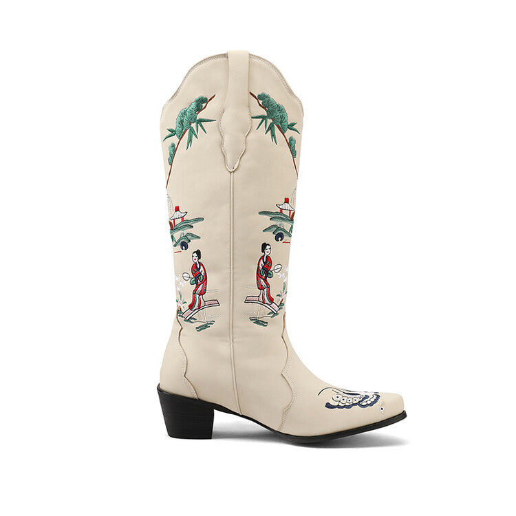 Women's Printed Embroider Block Heel Western Boots