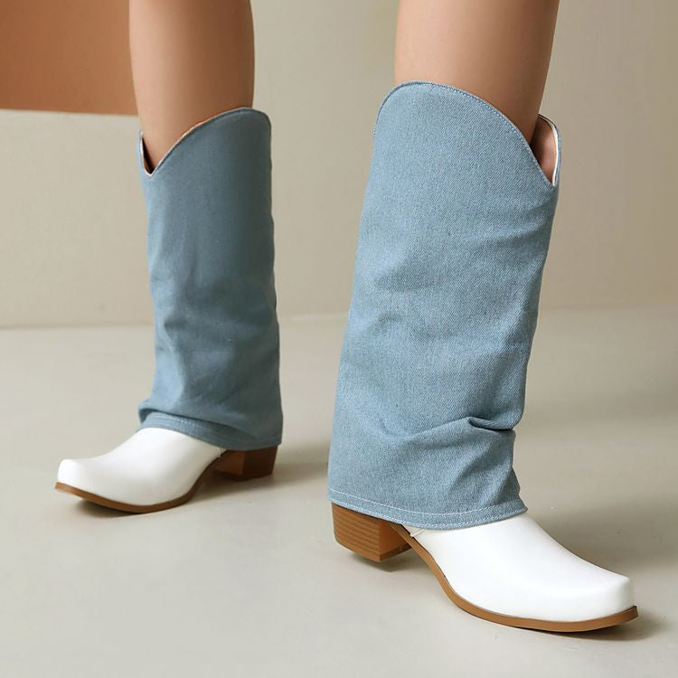 Women's  Patchwork Tassel Pointed Toe Square Heel  Western Boots