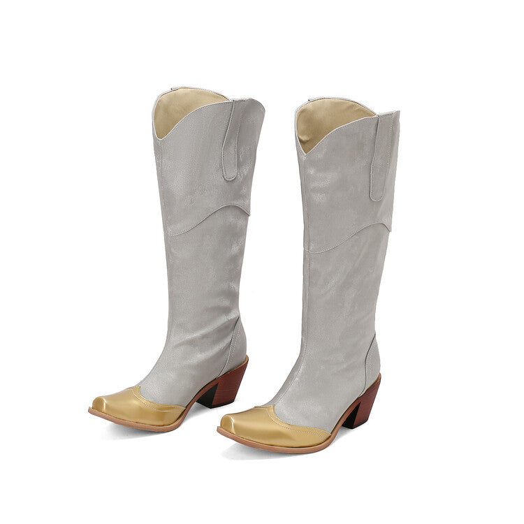 Women's Patchwork Pointed Toe Block Heel Knee High Western Boots
