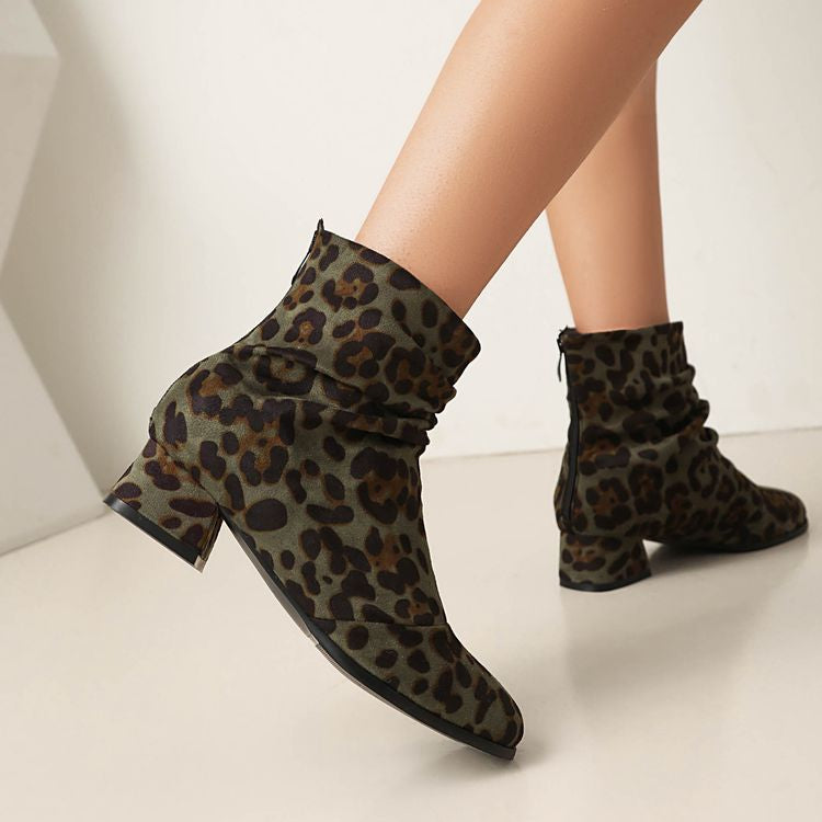 Women'S Leopard Print Round Toe Block Heel Ankle Boots