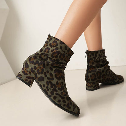 Women'S Leopard Print Round Toe Block Heel Ankle Boots