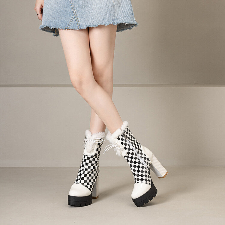 Women's Plush Plaid Lace-Up Platform Heels Mid Calf Boots