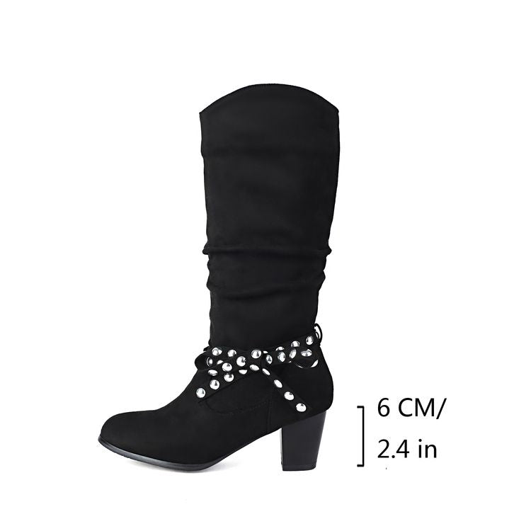 Women's Studded Round Toe High Heel Mid Calf Boots