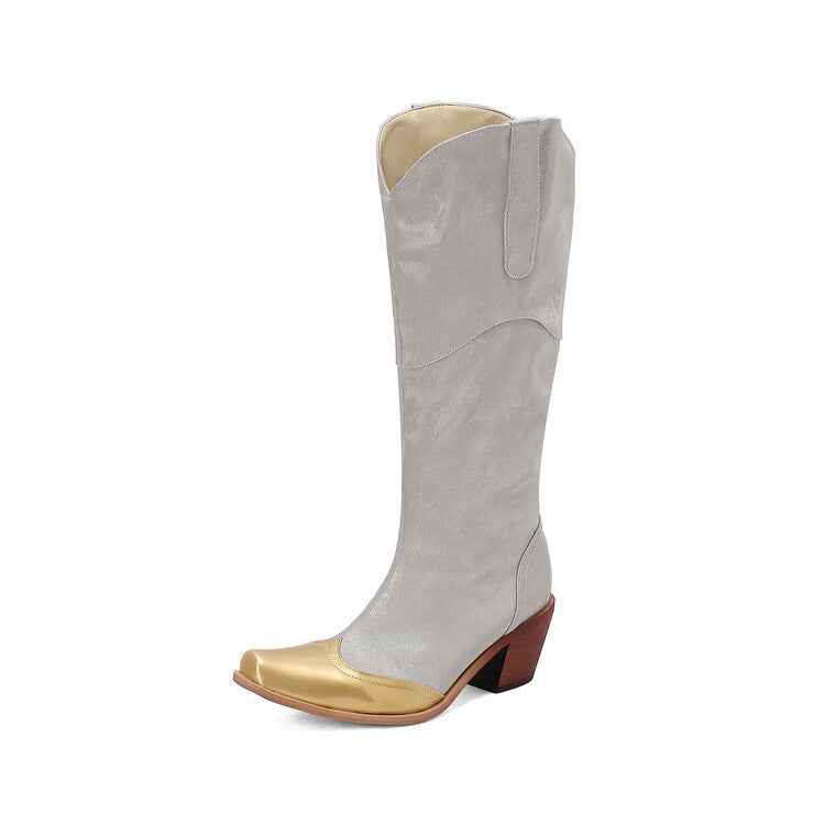 Women's Patchwork Pointed Toe Block Heel Knee High Western Boots