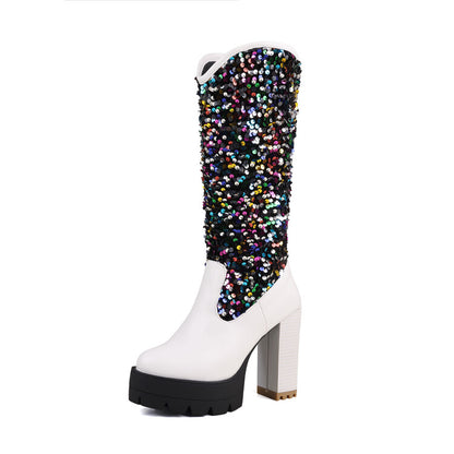 Women's Plush Dots Sequins Platform High Heel Mid Calf Boots