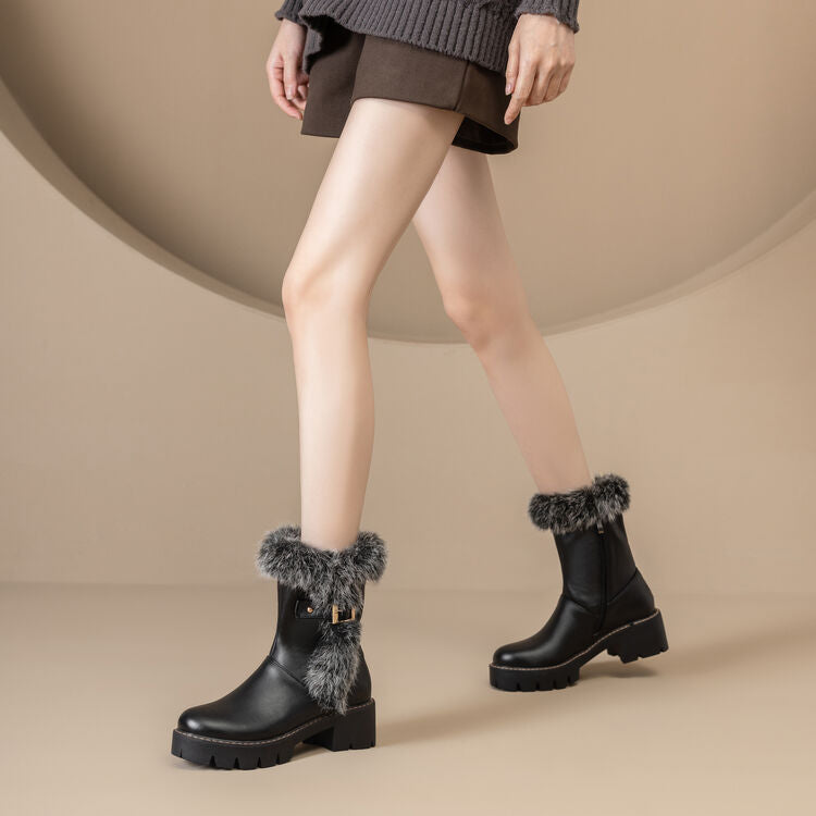 Women's Fleece Buckle Strap Flat Platform Mid Calf Boots