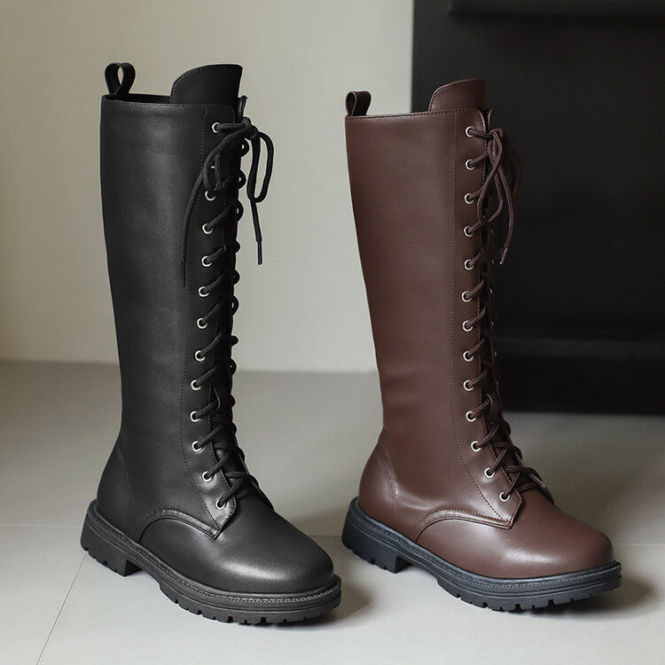 Women's Lace-Up Round Toe Flat Platform Knee High Boots
