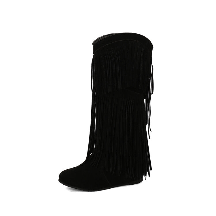 Women's Tassel Round Toe Wedge Heel Mid Calf Boots
