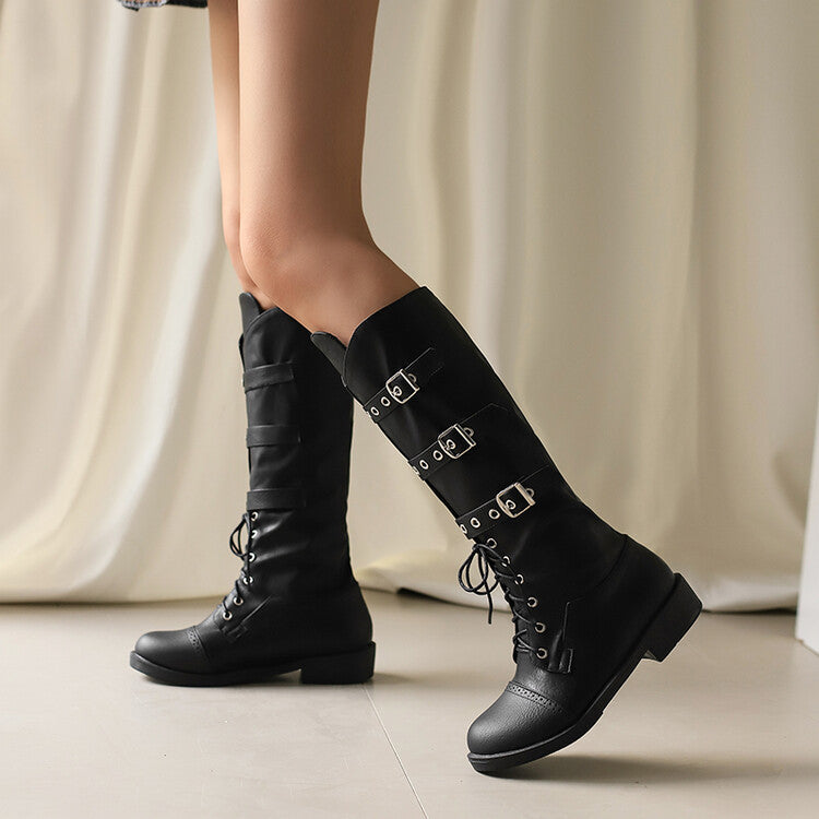Women's Buckle Strap Round Toe Knee High Boots