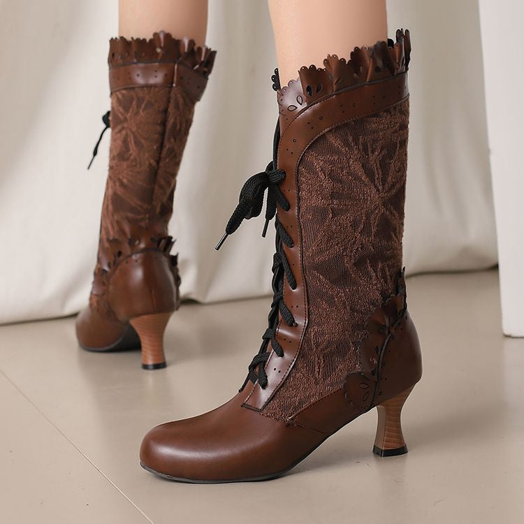 Women's Lace Lace-Up Round Toe Hoof Heel Mid Calf Boots