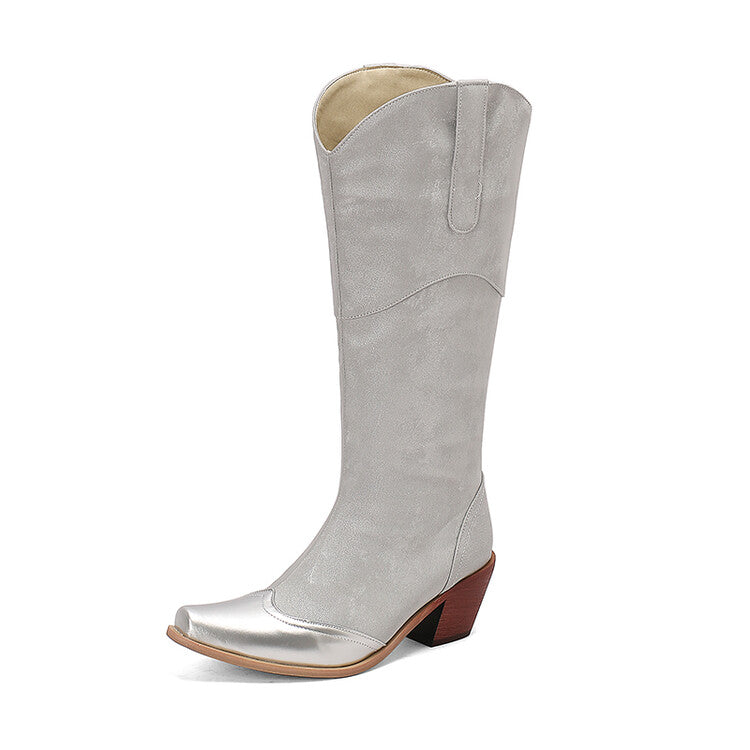 Women's Patchwork Pointed Toe Block Heel Knee High Western Boots