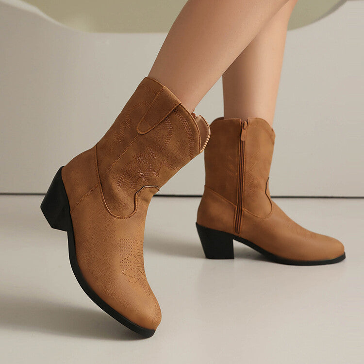 Women's Embroider Round Toe Block Heel Western Boots