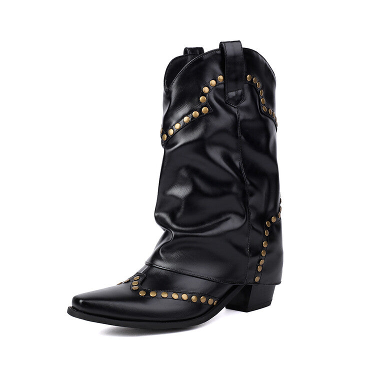 Women's Rivets Pointed Toe Block Heel Mid Calf Western Boots