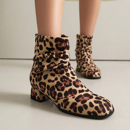 Women'S Leopard Print Round Toe Block Heel Ankle Boots